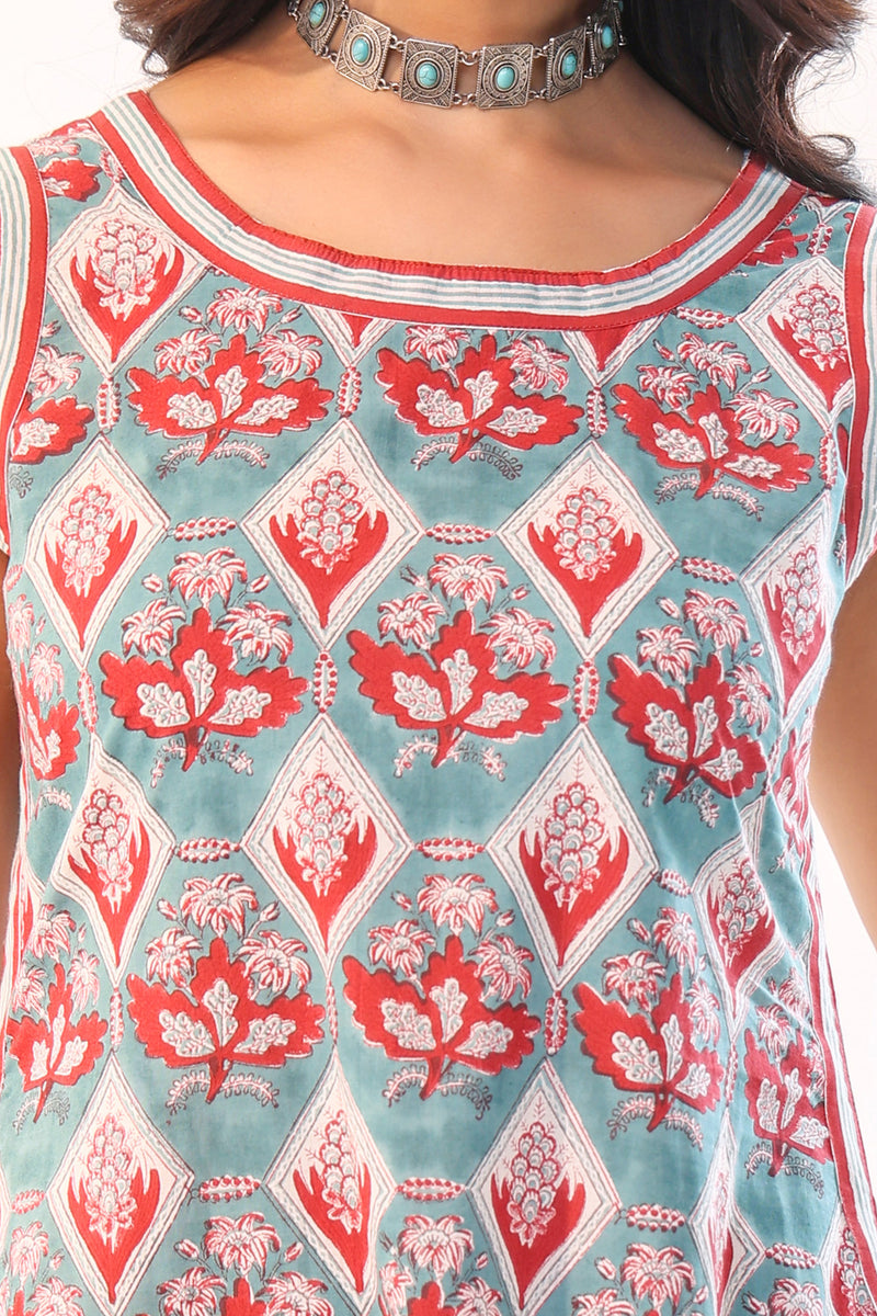 Turquoise Blockprint sleeveless dress