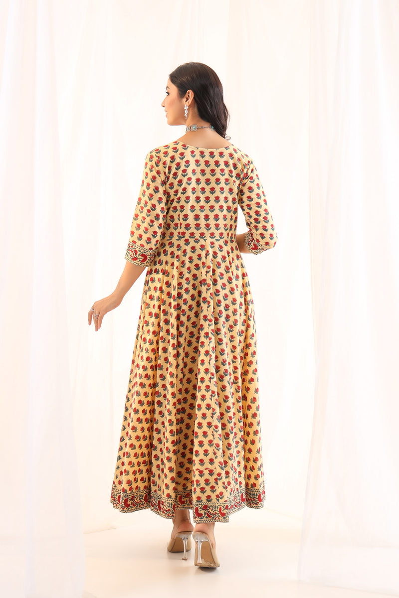 Beige red buti Flare Dress