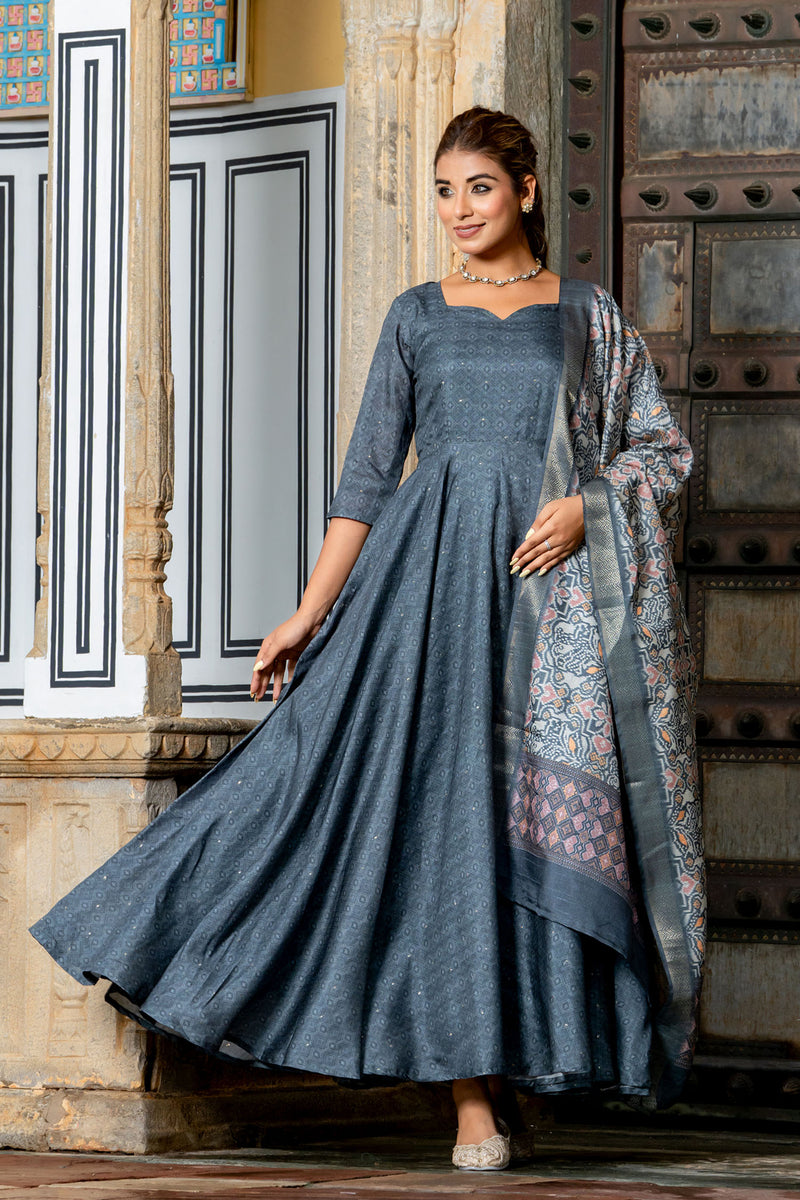 Grey Tussar Buti Dress with Dupatta