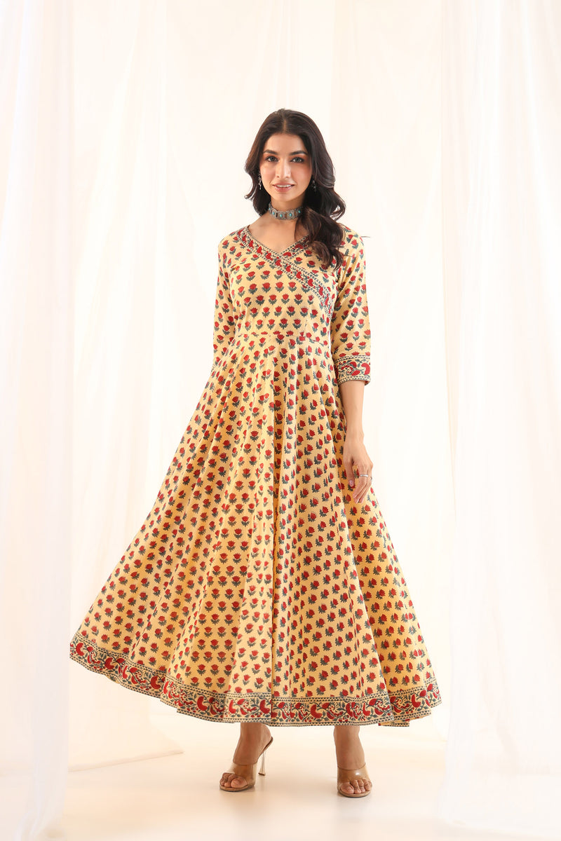 Beige red buti Flare Dress