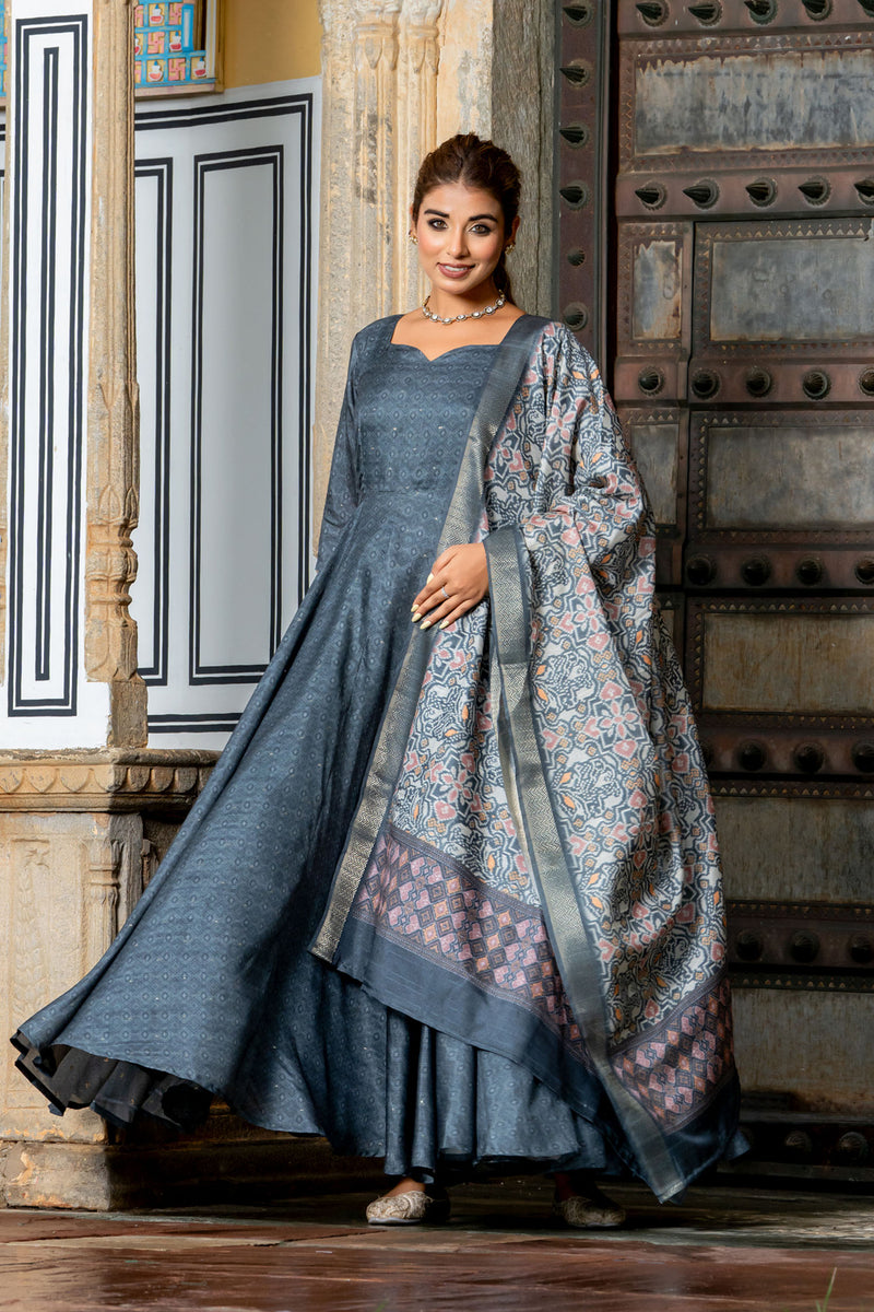 Grey Tussar Buti Dress with Dupatta