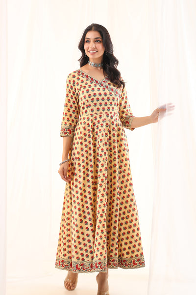 Beige red buti Flare Dress