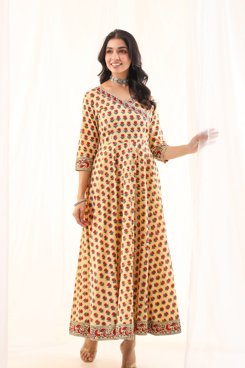 Beige red buti Flare Dress