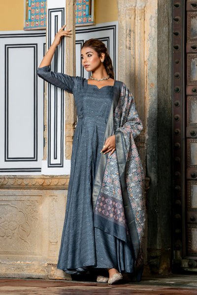 Grey Tussar Buti Dress with Dupatta