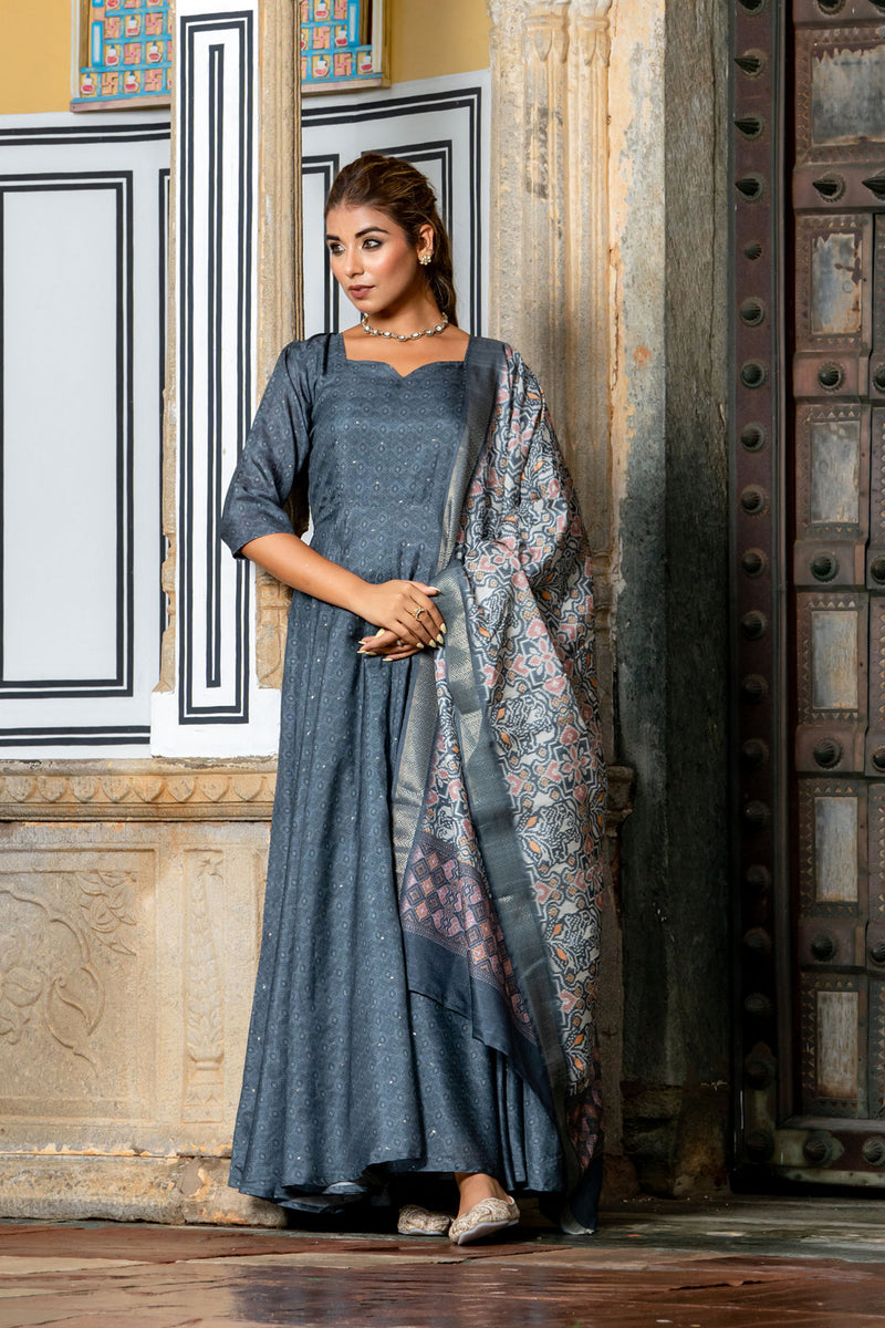 Grey Tussar Buti Dress with Dupatta