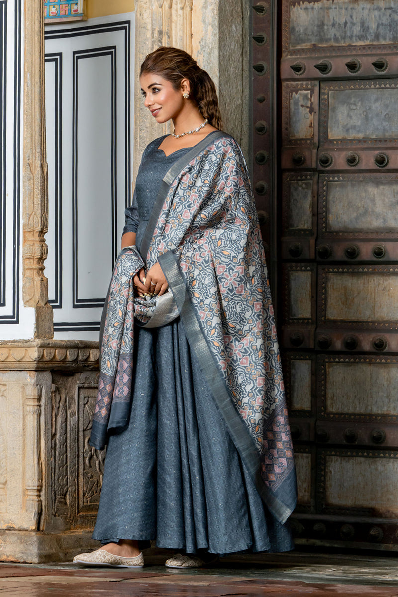 Grey Tussar Buti Dress with Dupatta