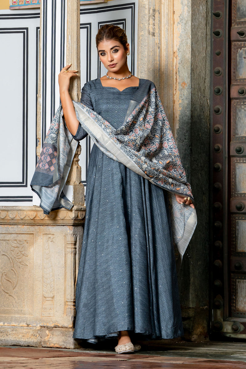 Grey Tussar Buti Dress with Dupatta