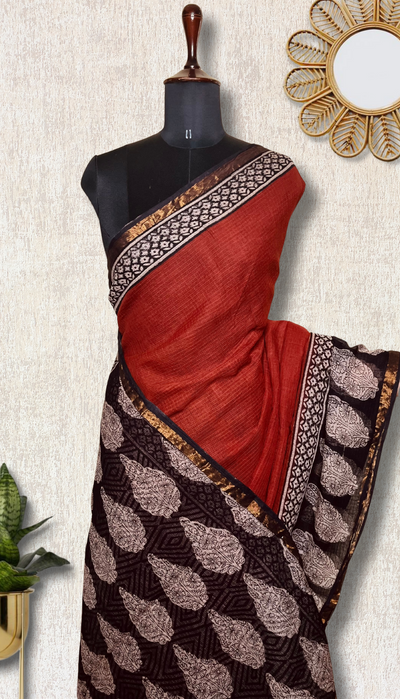 Handblock Printed Kota Doria Saree - Persian Red + Thunder Black