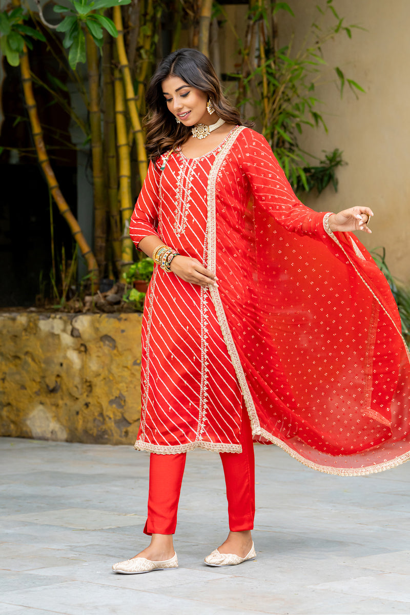 Red Multi Lehariya Kurta Set