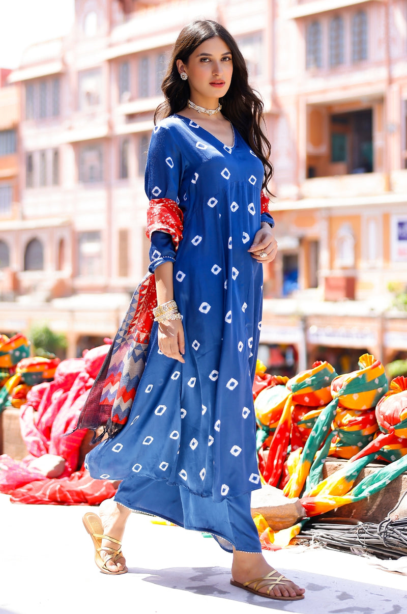 EXP - Indigo Bandhani A-line modal satin kurta pant set