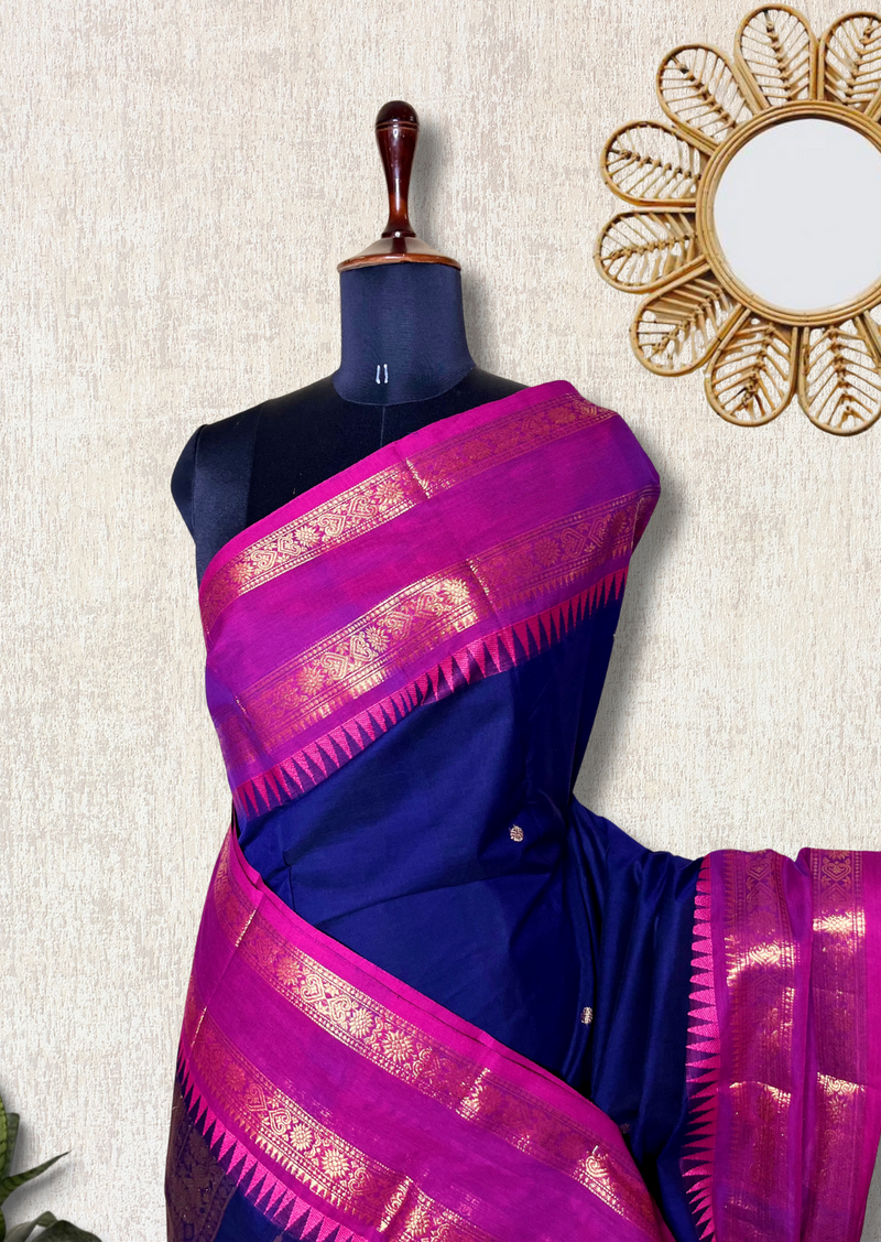Kanchi Cotton Saree - Persian Blue  + Cardinal Pink