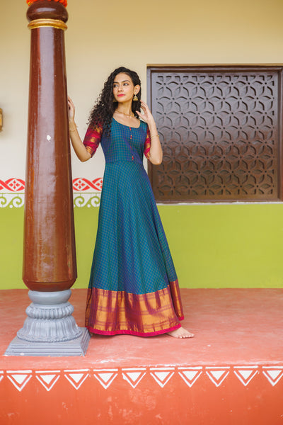 Sahana Teal Narayanpet Cotton Dress
