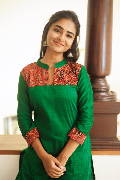 Jhansi Green chanderi with Ajrakh print