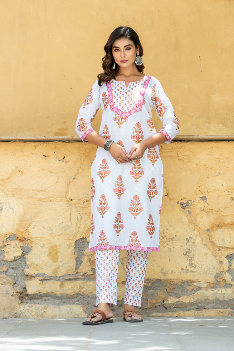 White Pink Mughal Buta Kurta Set