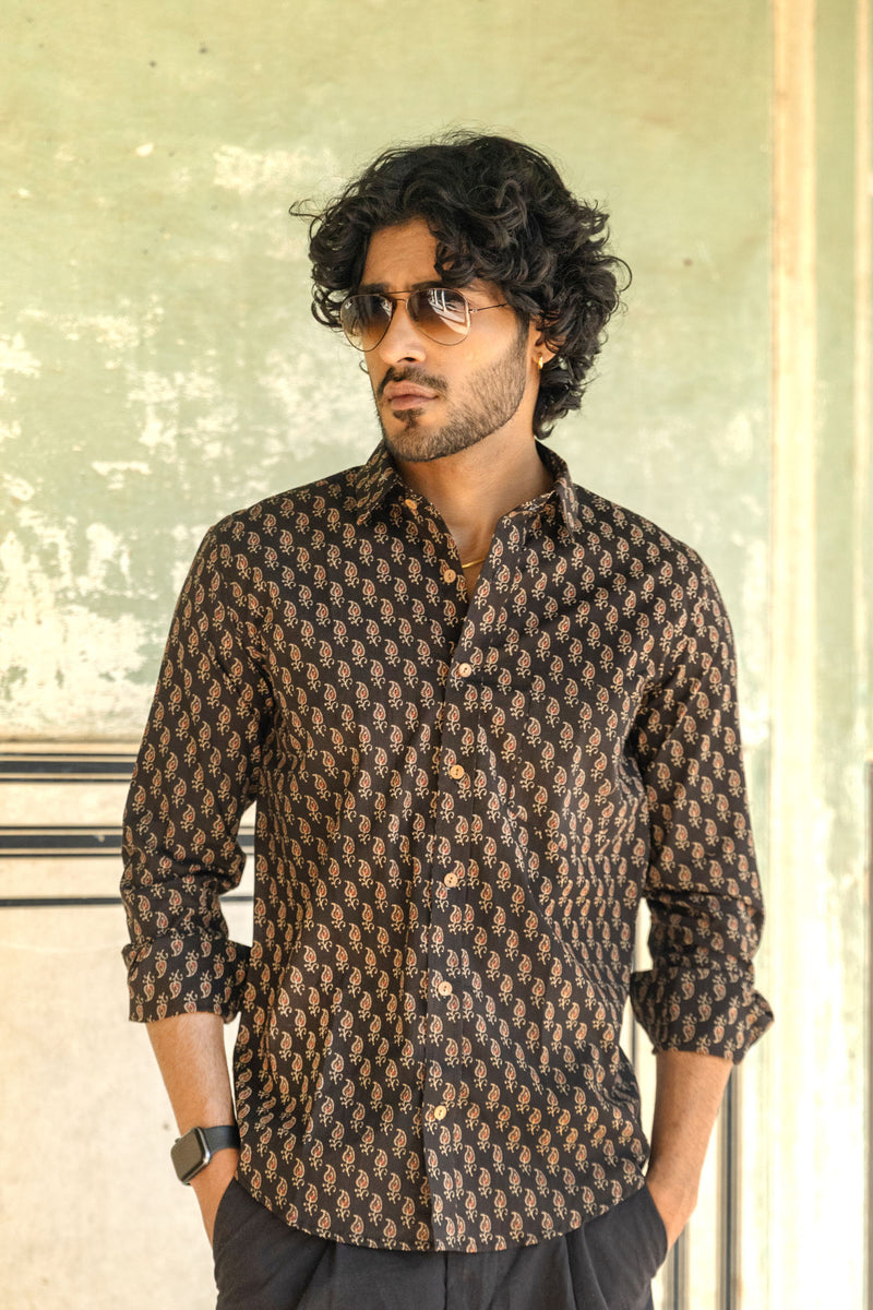 Black Ajrakh Paisley Buti Full Sleeve Shirt