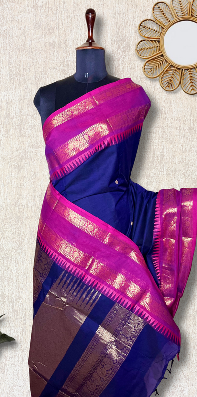 Kanchi Cotton Saree - Persian Blue  + Cardinal Pink