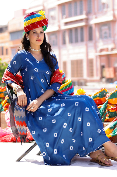 EXP - Indigo Bandhani A-line modal satin kurta pant set