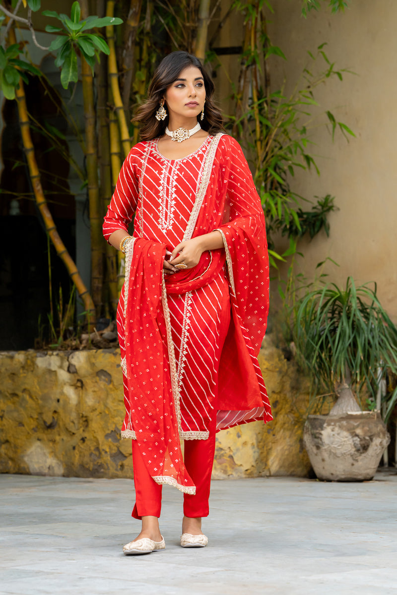 Red Multi Lehariya Kurta Set