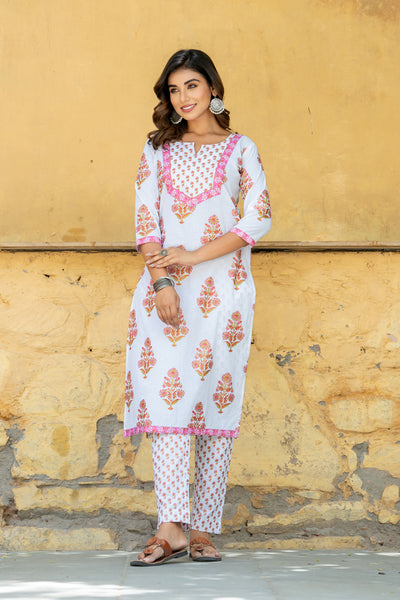 White Pink Mughal Buta Kurta Set