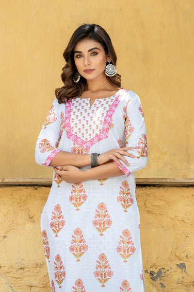 White Pink Mughal Buta Kurta Set