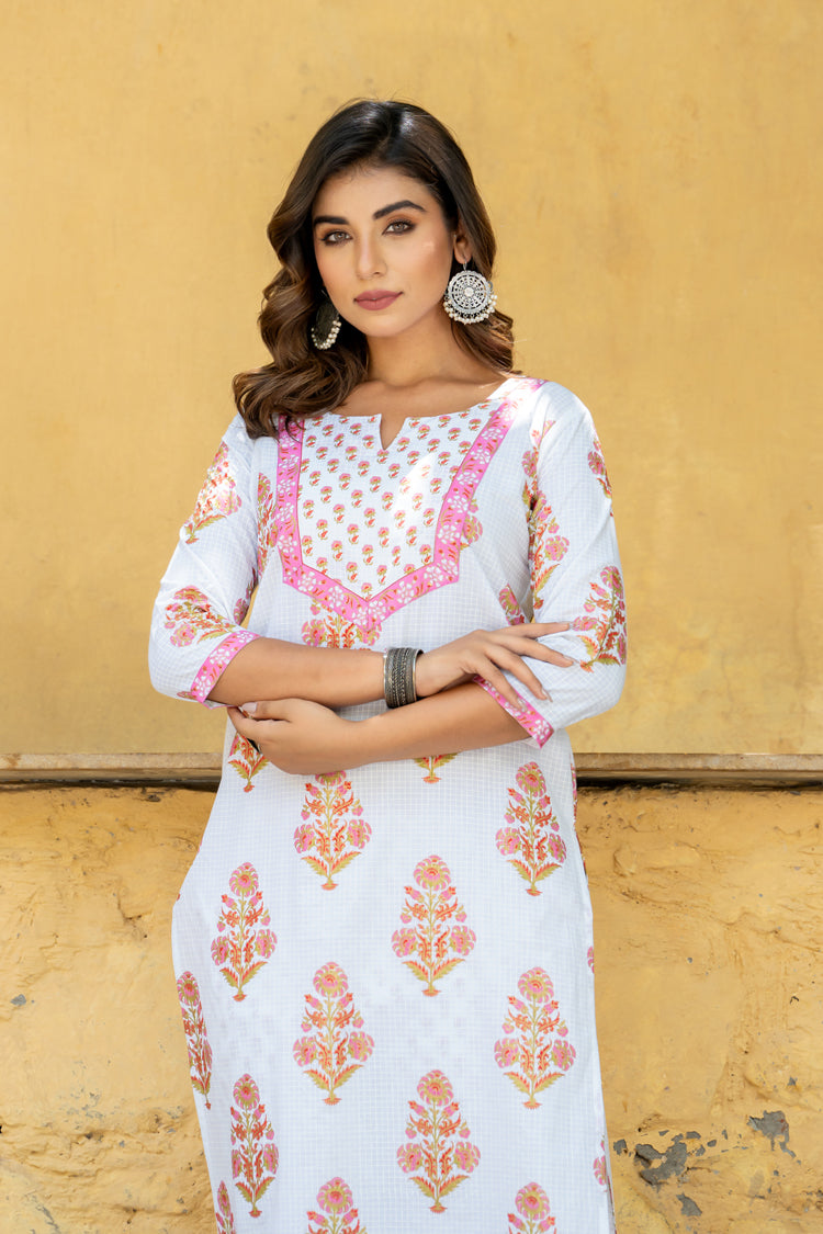 White Pink Mughal Buta Kurta Set