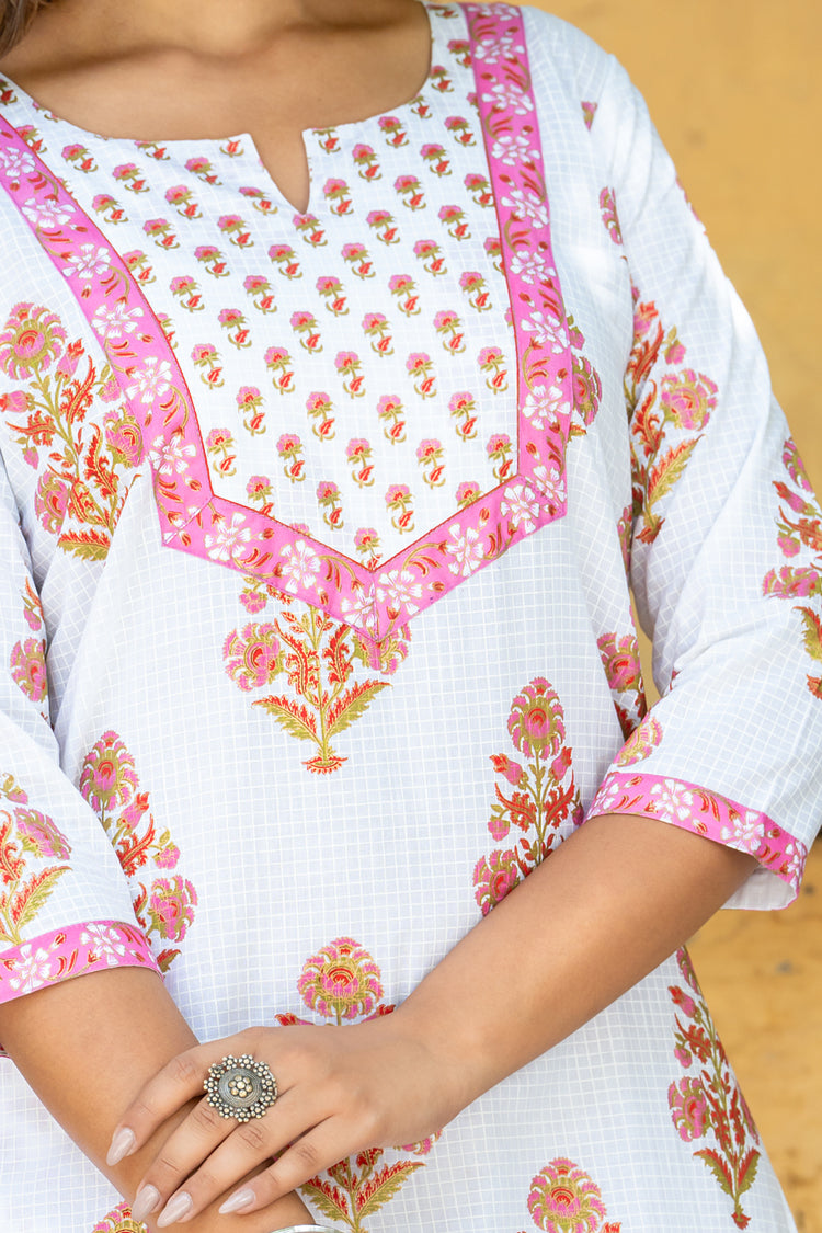 White Pink Mughal Buta Kurta Set