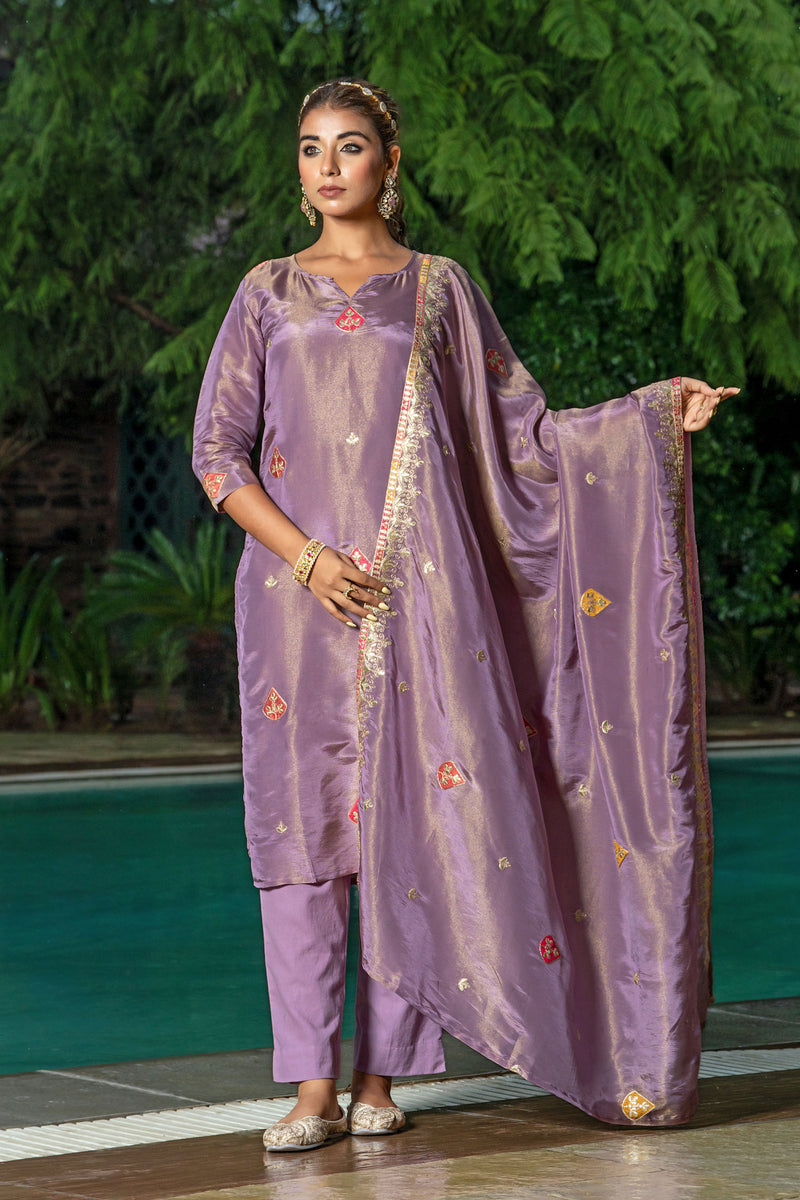 Pastel Purple Tissue Embroidery Kurta Set