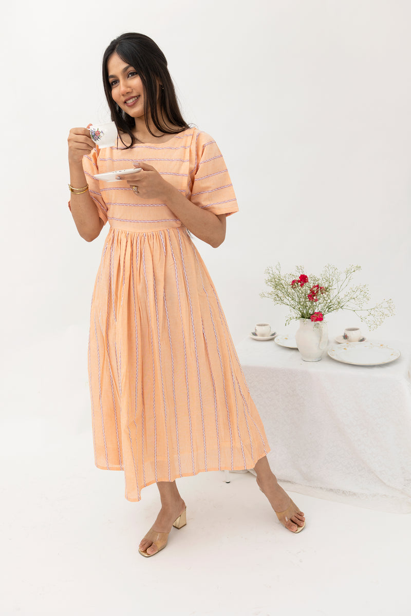 Peach Striped cotton dress - Nursing