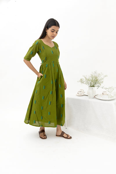 Green jacquard butta handwoven dress - Nursing