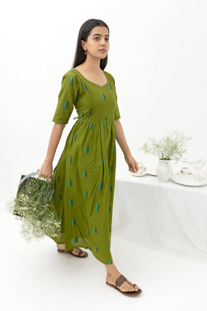 Green jacquard butta handwoven dress - Nursing