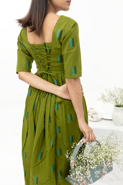 Green jacquard butta handwoven dress - Nursing