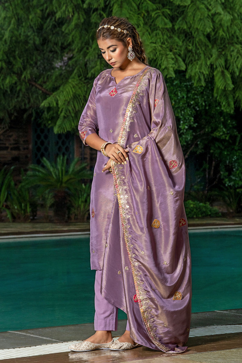 Pastel Purple Tissue Embroidery Kurta Set