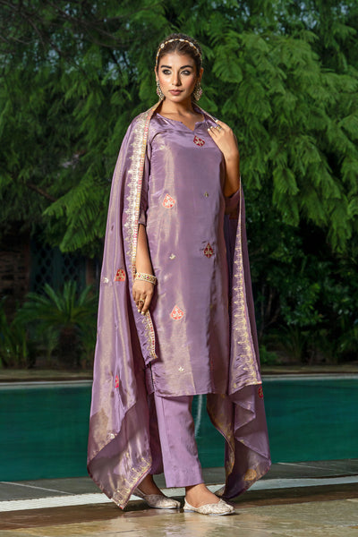 Pastel Purple Tissue Embroidery Kurta Set