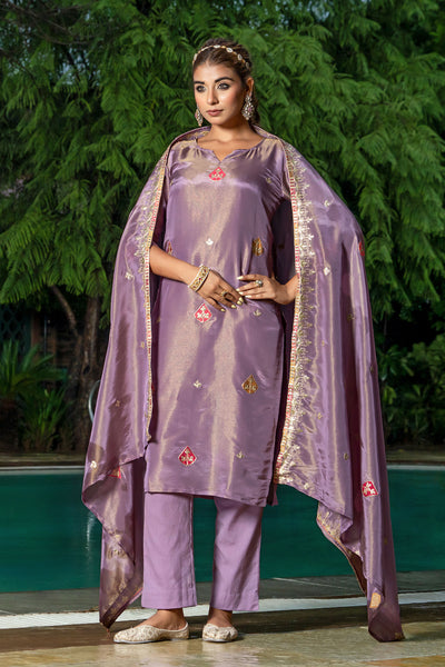 Pastel Purple Tissue Embroidery Kurta Set