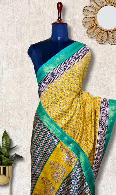 Handblock Printed Silk Cotton Saree - Bright Sun Yellow + Jungle Green