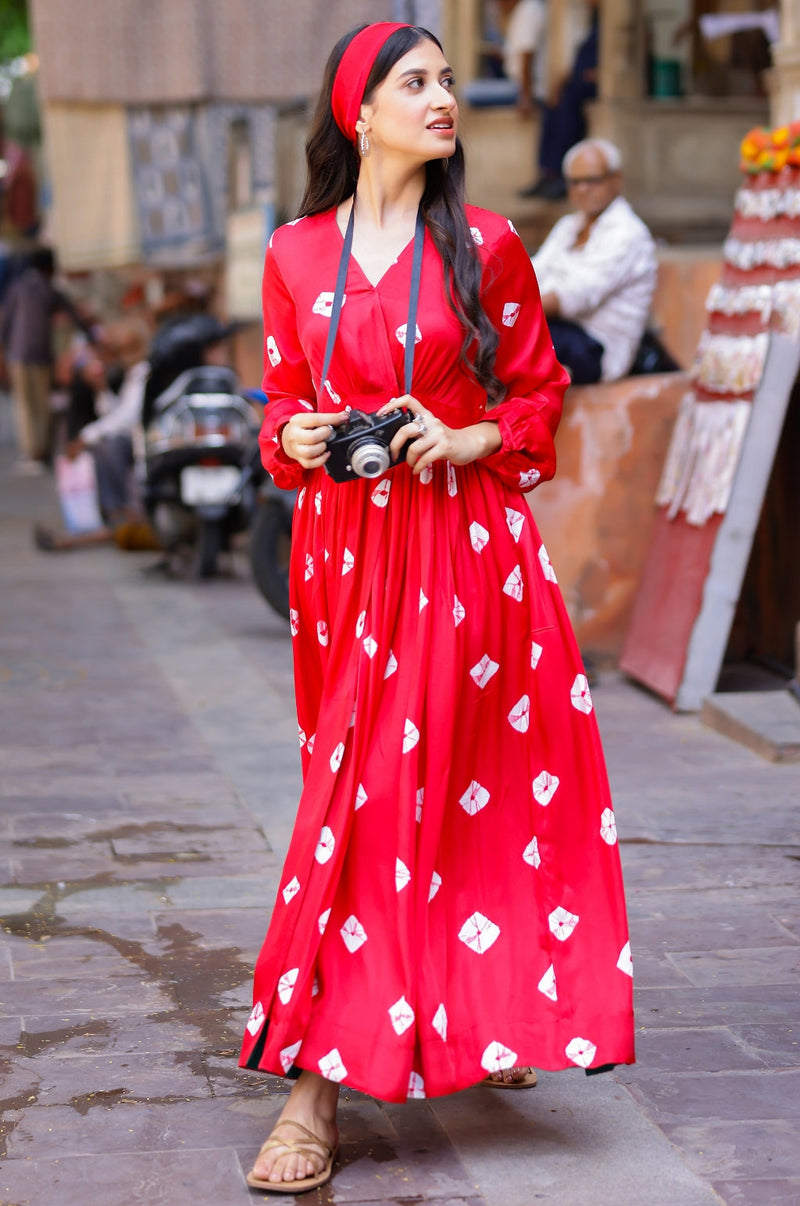 EXP - Red Bandhani Modal Satin Maxi Dress
