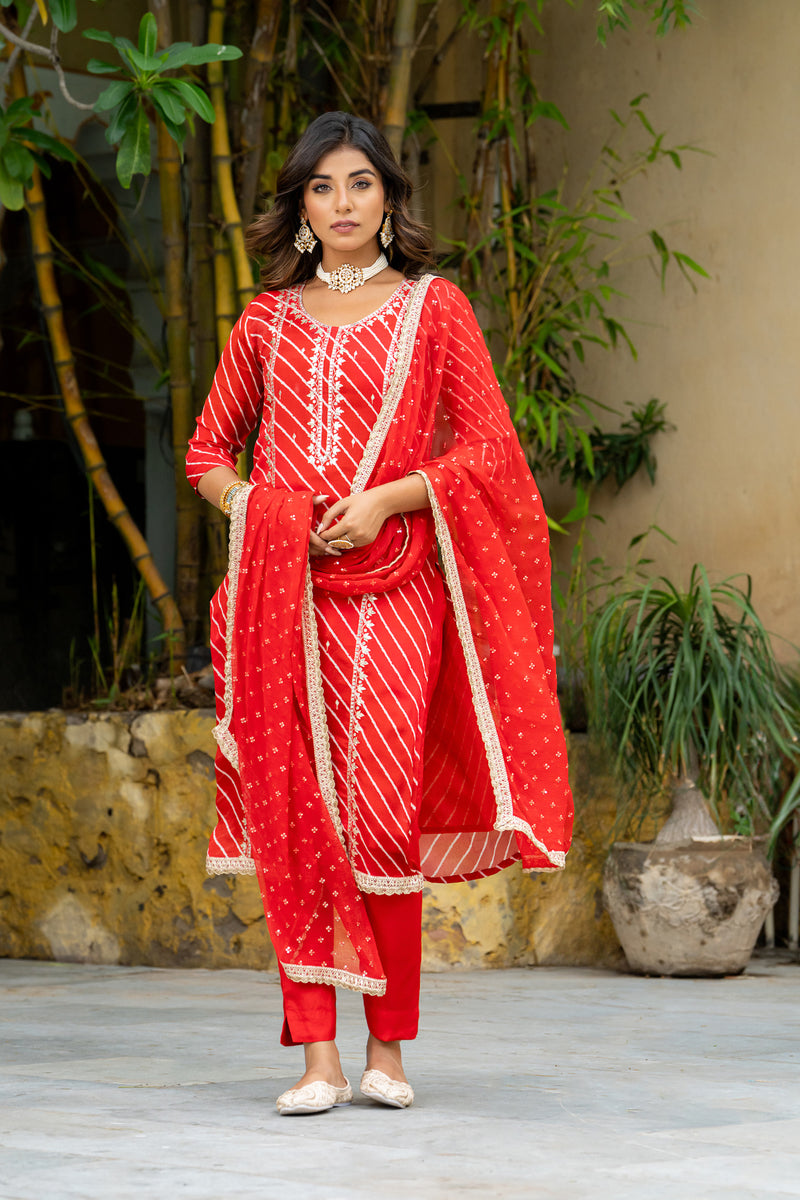 Red Multi Lehariya Kurta Set