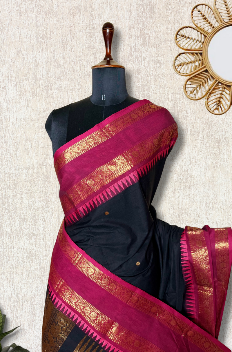Kanchi Cotton Saree - Smoky Black  + Mulberry Pink
