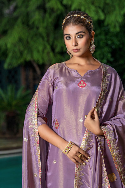 Pastel Purple Tissue Embroidery Kurta Set