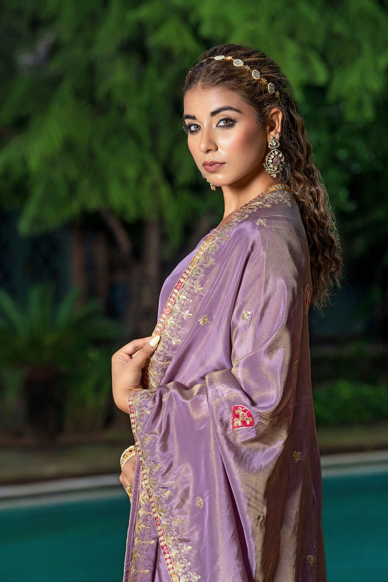 Pastel Purple Tissue Embroidery Kurta Set