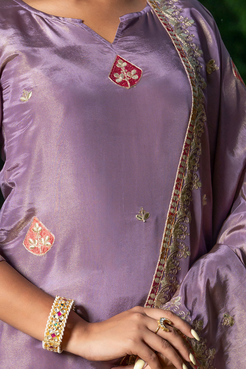 Pastel Purple Tissue Embroidery Kurta Set