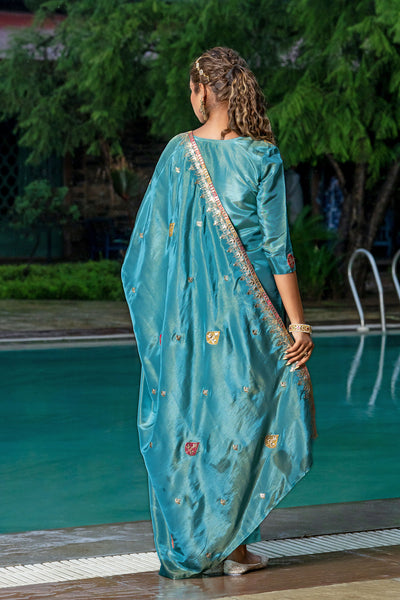 Turquoise Tissue Embroidery Kurta Set