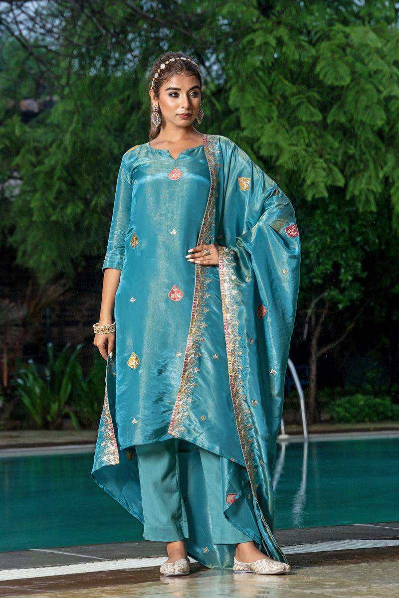 Turquoise Tissue Embroidery Kurta Set