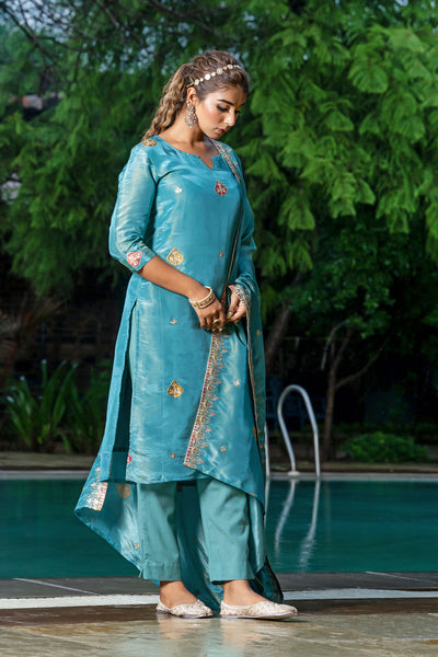 Turquoise Tissue Embroidery Kurta Set