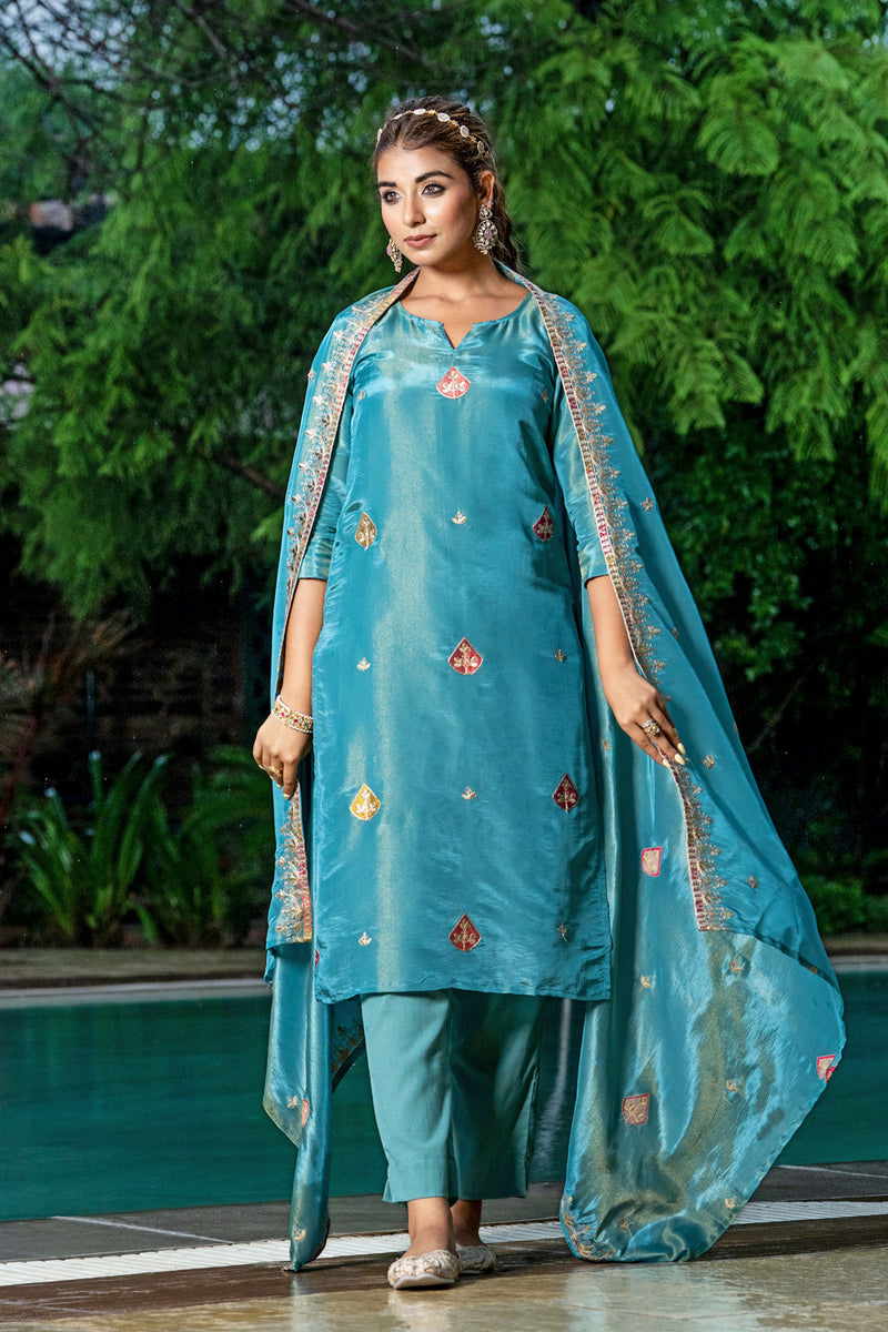 Turquoise Tissue Embroidery Kurta Set