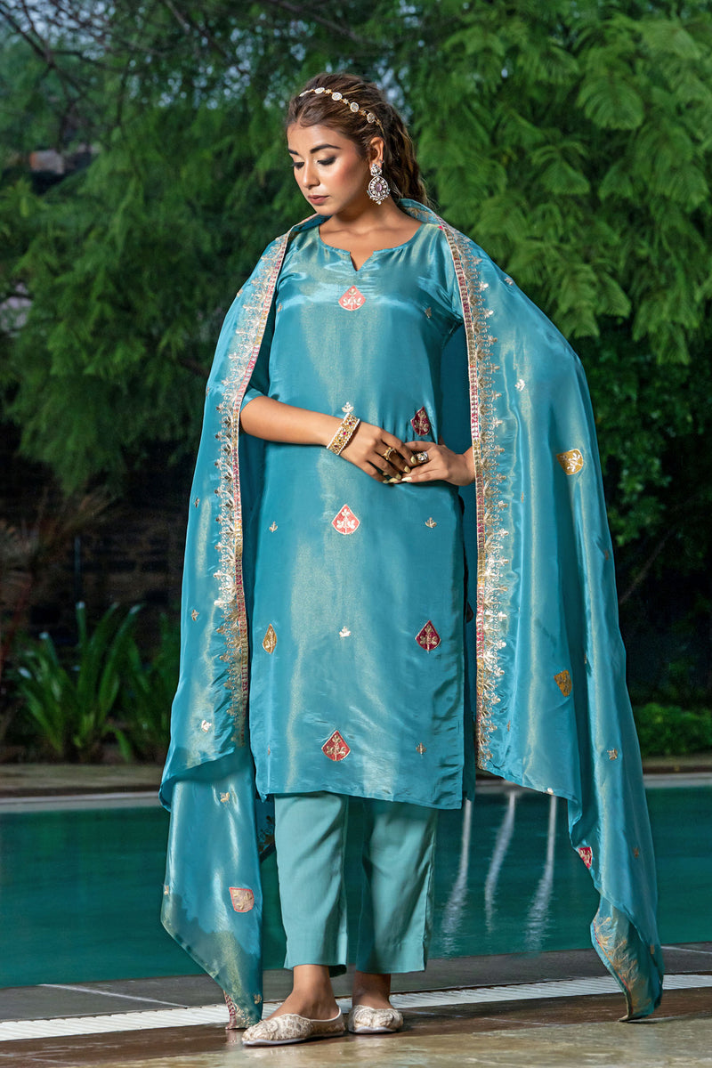 Turquoise Tissue Embroidery Kurta Set