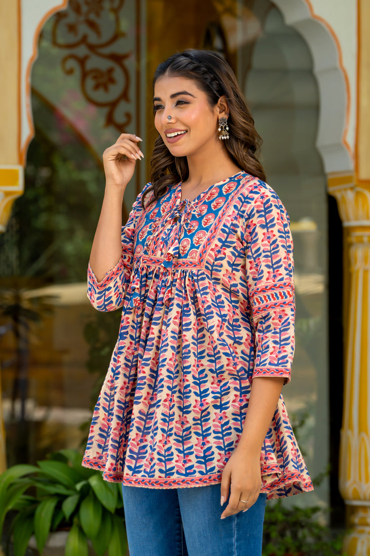 Blue Stripe Floral Flare Short Kurta