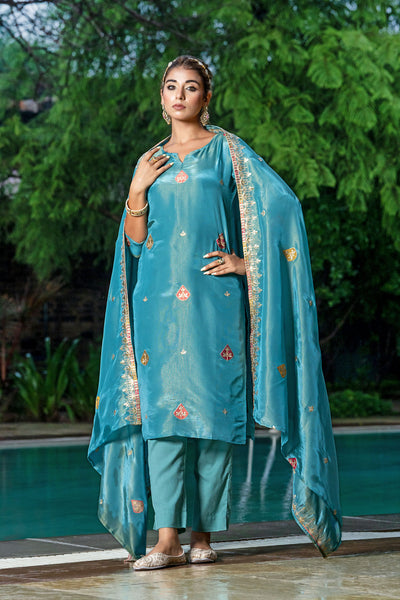 Turquoise Tissue Embroidery Kurta Set