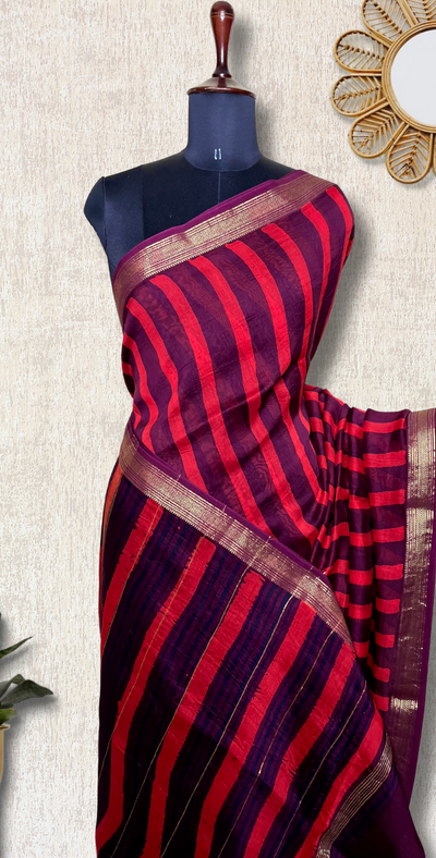Handblock Printed Silk Cotton Saree - Crimson Red + Blackberry
