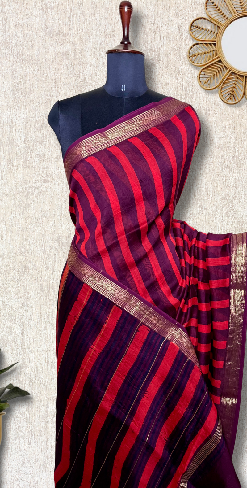 Handblock Printed Silk Cotton Saree - Crimson Red + Blackberry